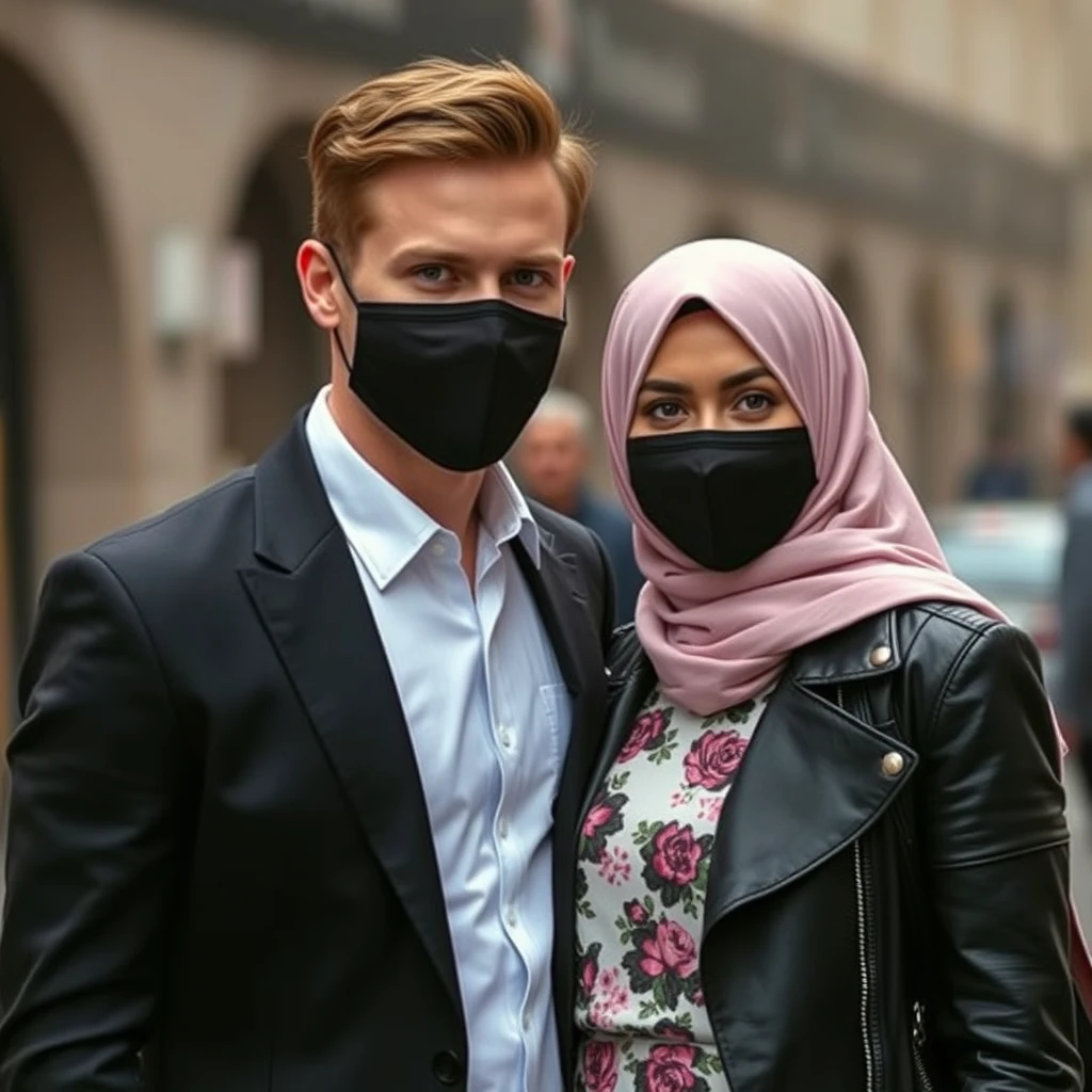 Jamie Dornan's head and body shot, handsome, young, face mask black, black coat suit unbuttoned, dating love with the biggest soft pink hijab girl, beautiful eyes, black leather jacket, face mask black, biggest floral skirt, hyper realistic, street photography.