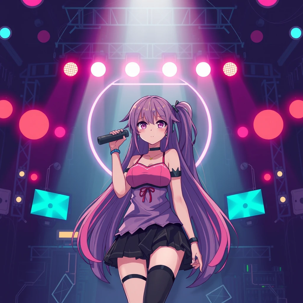  anime girl onstage, logo, cyberpunk