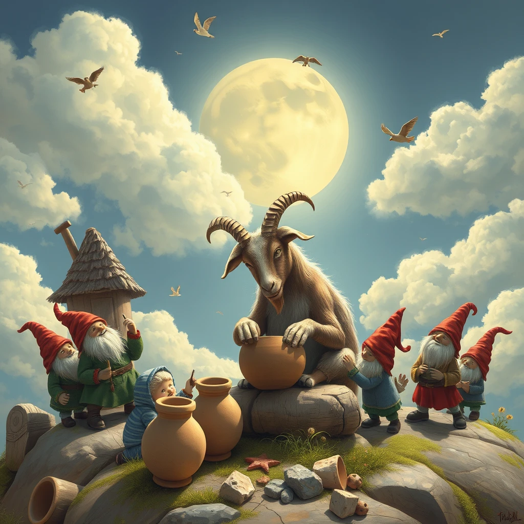 A goat making pottery in the sky while gnomes dance around it. - Image