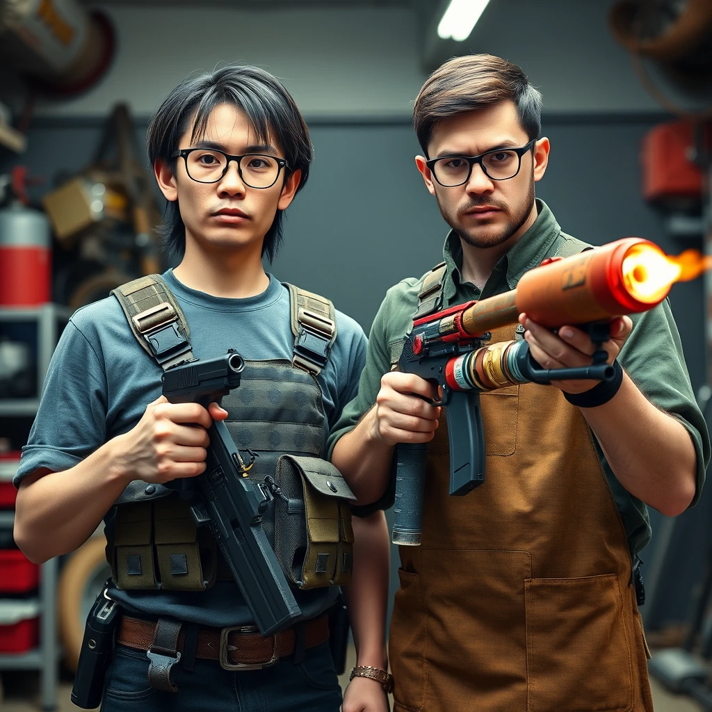 21-year-old white, thin, long-faced adult northern Chinese man with a square chin, wearing square glasses, holding a pistol, "medium/long length hair," tactical chest rig; 21-year-old Caucasian Italian man wearing round glasses and short hair holding a very large fire extinguisher flamethrower, welding apron; garage setting; both angry.