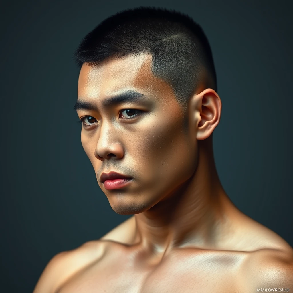 A half-body portrait of a muscular Asian male with a buzz cut, in HD, 32k UHD, realistic.