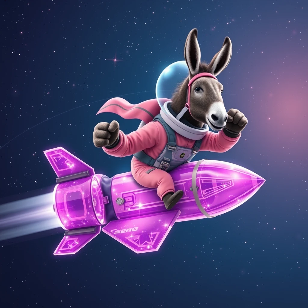 An ambitious donkey wearing pink astronaut costume, riding on a crystal light purple stunning spaceship, making a punching gesture, flying to the outerspace under a clear night sky with lots of shining stars. Realistic style.