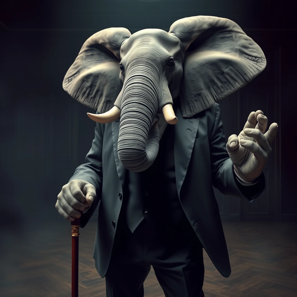 A large elephant man in a suit with large grey hands and hoof-like fingers holding a cane, exuding the aura of a mob boss in a dark room.