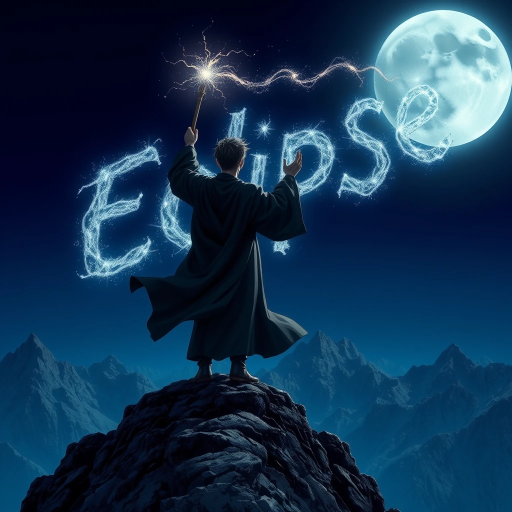 Setting: The peak of a craggy, windswept mountain, bathed in the cool, ethereal glow of a full moon. The jagged silhouette of the mountain range cuts against the inky blue night sky.  
Character: A young man, perhaps in his late teens or early twenties, with short, windblown hair. He stands with his back to the viewer, atop the highest peak, draped in a flowing dark robe that billows in the mountain wind. He holds his right arm raised, wielding a staff that emits a vibrant, otherworldly glow.  
Action and Effect: The staff erupts with magical energy, forming a colossal, swirling inscription of the word "Eclipse" across the entire night sky. The letters are formed of shimmering, ethereal light, their edges slightly blurred and wavering as if caught in a celestial vortex. Surrounding the word, faint, shimmering particles drift and dance, adding to the otherworldly spectacle.  
Lighting: The scene is primarily illuminated by the cool, silvery light of the full moon. The magical inscription provides its own internal illumination, casting an eerie glow on the surrounding landscape and the back of the young wizard.  
Camera Angle: A low angle shot, looking up towards the wizard and the massive, swirling word above him, emphasizing the sheer scale and power of the magic being unleashed.  
Style: Realistic long-lens cinematography, capturing the vastness and isolation of the mountain peak and the immensity of the magical display. The focus is on the raw power and beauty of the scene, with a touch of mystery surrounding the young wizard. - Image