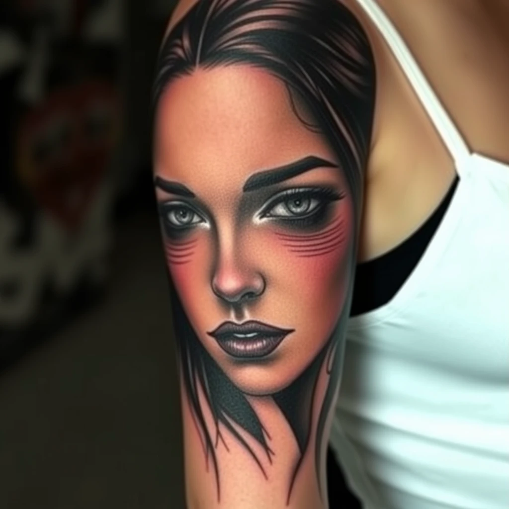 Arm tattoo, a beautiful mysterious woman's face with thick paint strokes, double lines, optical illusions, sleeve tattoo style, sultry looking. - Image