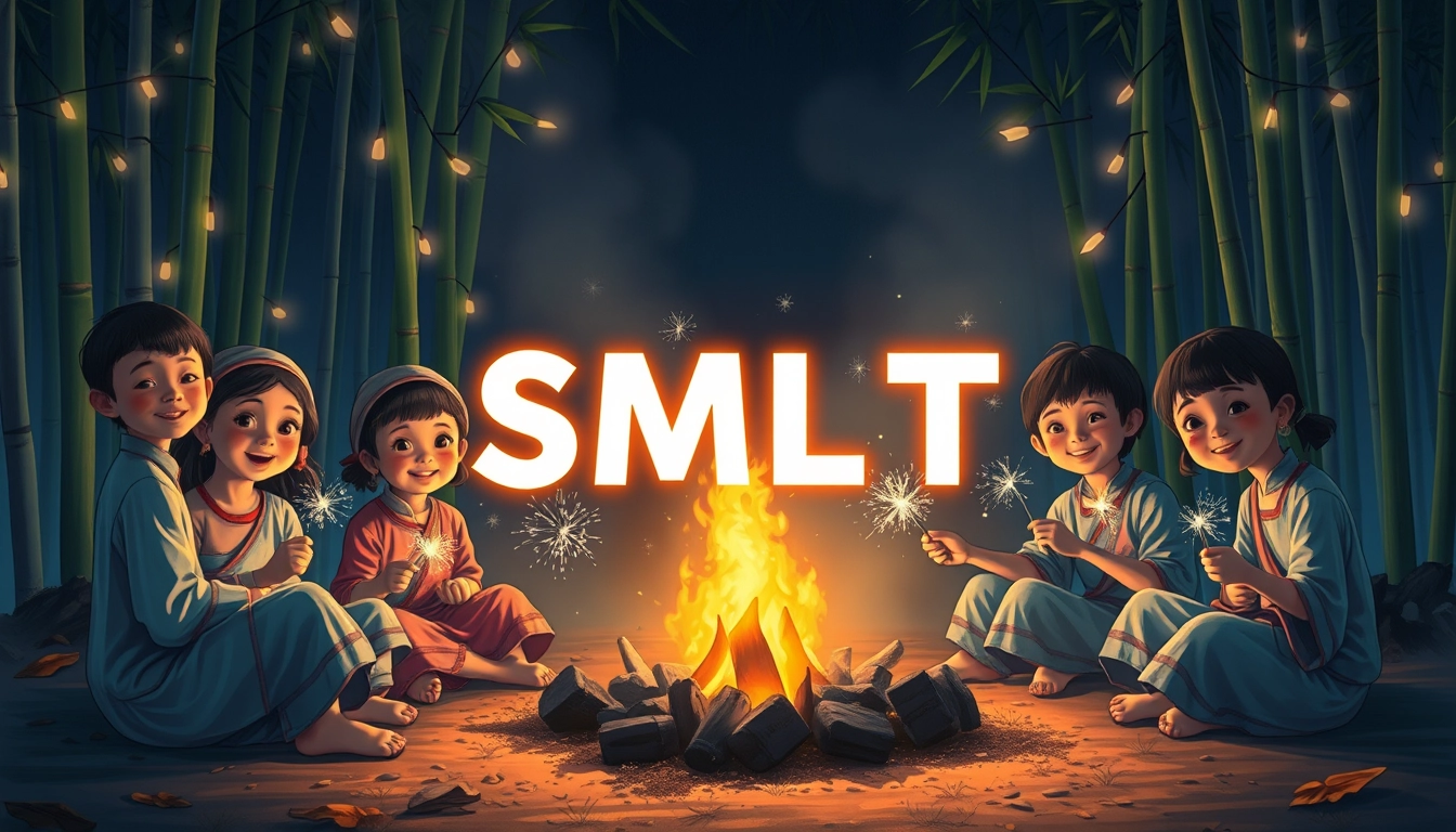 A digital painting of a group of Vietnamese children in traditional clothing sitting around a campfire at night. The children are holding sparklers and smiling. The background is a bamboo forest with lights hanging from the trees. The letters "SMLYT" are prominently displayed and illuminated in the center, like a movie screen.