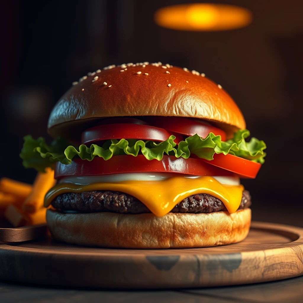 A delicious hamburger. 28mm f/1.8, Realistic details. Ultra HD. 8K V-ray. Octane Render. Unreal Engine 5. Professionally color graded. Concept art. - Image