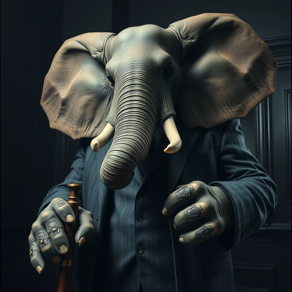 A large elephant man in a suit with large grey hands and hoof-like fingers holding a cane, exuding the aura of a mob boss in a dark room. - Image