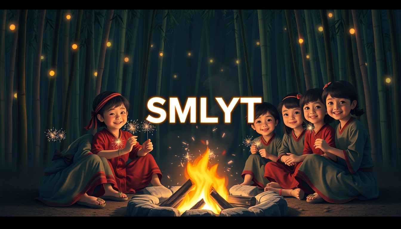 A digital painting of a group of Vietnamese children in traditional clothing sitting around a campfire at night. The children are holding sparklers and smiling. The background is a bamboo forest with lights hanging from the trees. The letters "SMLYT" are prominently displayed and illuminated in the center, like a movie screen. - Image