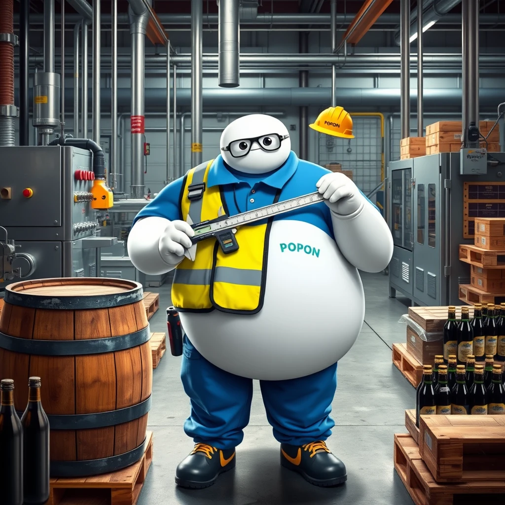 Baymax is measuring bottles with the caliper in the quality control and inspection area of a beer bottling plant, surrounded by machinery, a barrel, calipers, measuring instruments, pallets, beer bottles, dressed in a blue polo shirt that covers his entire torso, safety gear, a reflective vest, safety shoes, a walkie-talkie, industrial safety goggles, blue cargo pants, and a yellow helmet that has the word POPON written on it. The polo shirt has the word POPON written on it. - Image