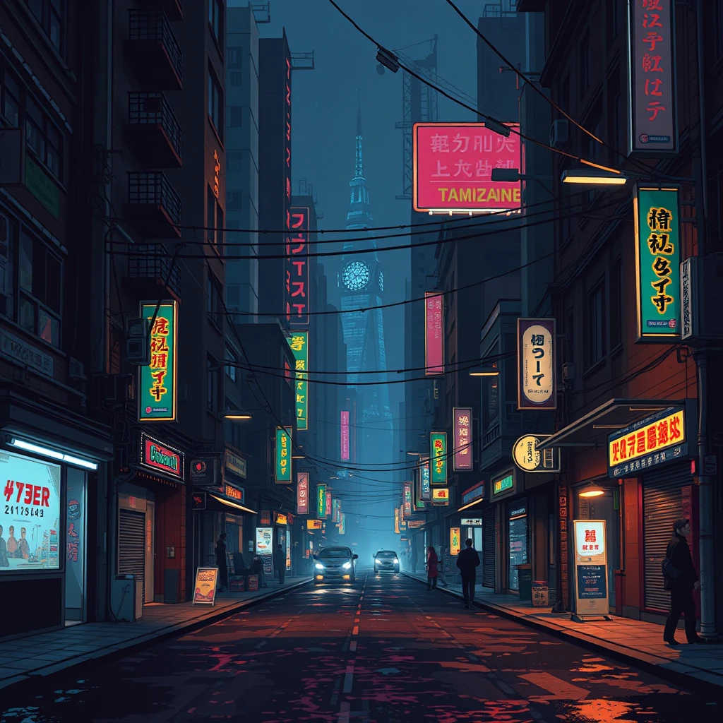 A cyberpunk street, night, pixel art