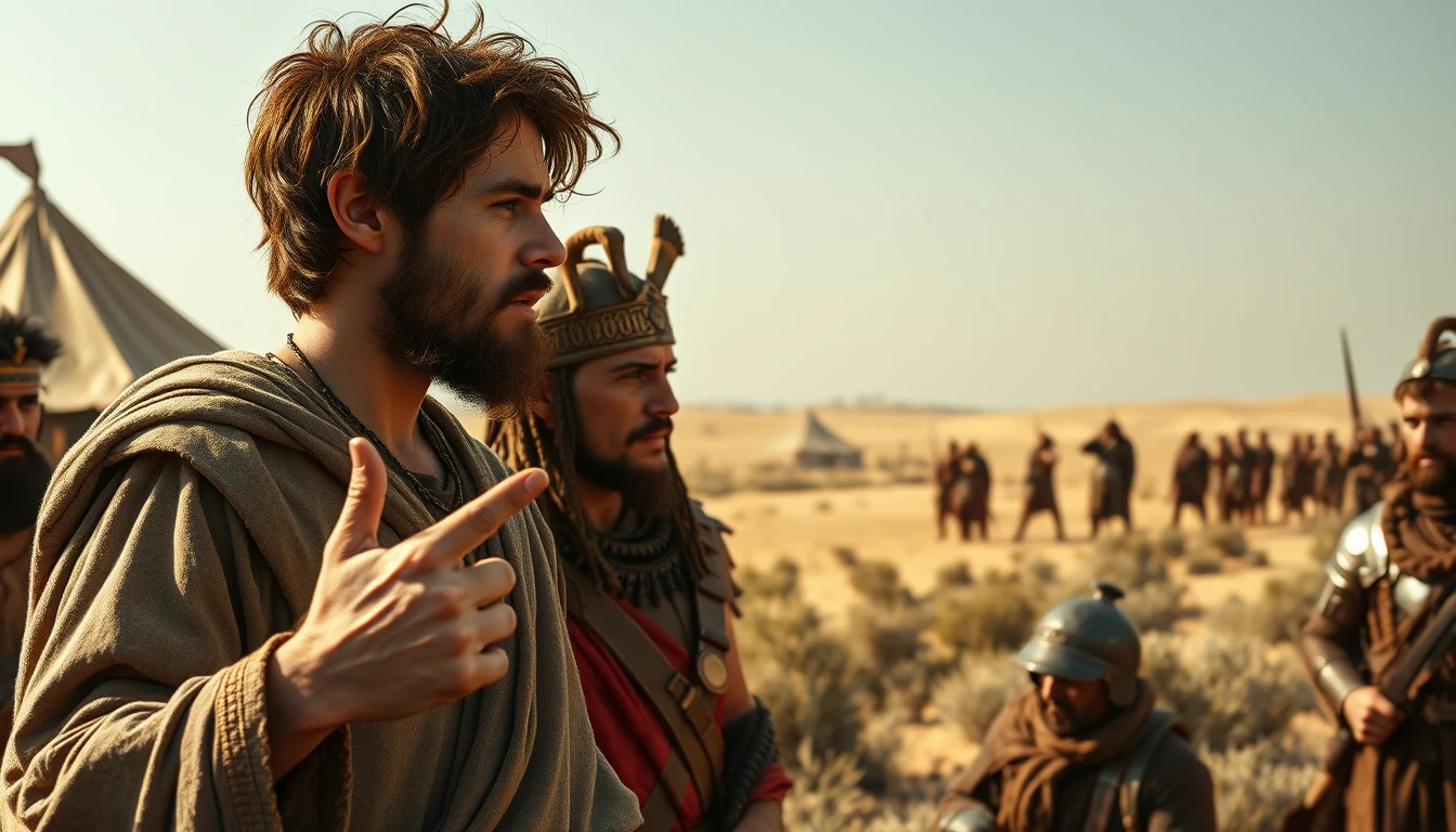 A young man, with messy hair and a short beard, is arguing with a middle-aged Mesopotamian king. The young man is dressed in a biblical-era shepherd's attire. He gestures with his hand in a questioning manner. The middle-aged king is dressed as a Mesopotamian soldier. Both men are surrounded by a diverse group of men in ancient Sumerian soldier armor. In the background are Arabic army tents pitched on a desert shrubland. In the distant horizon stands another army armed and ready to fight. Dramatic lighting. - Image