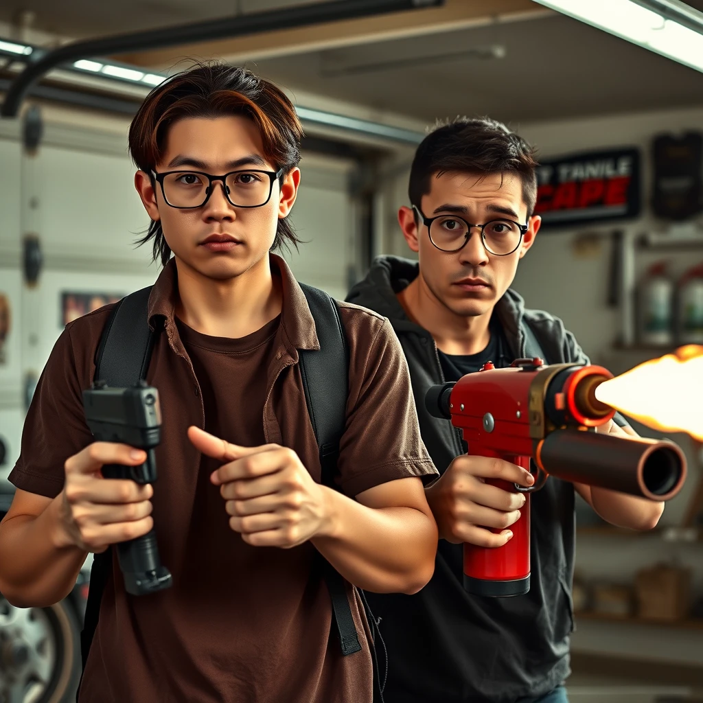 21-year-old white, thin Northern Chinese man with a square chin, wearing square glasses, mid-length to long hair, holding a Glock; 21-year-old white Italian man wearing round glasses and short hair, holding a very large fire extinguisher flamethrower; garage setting; both angry.