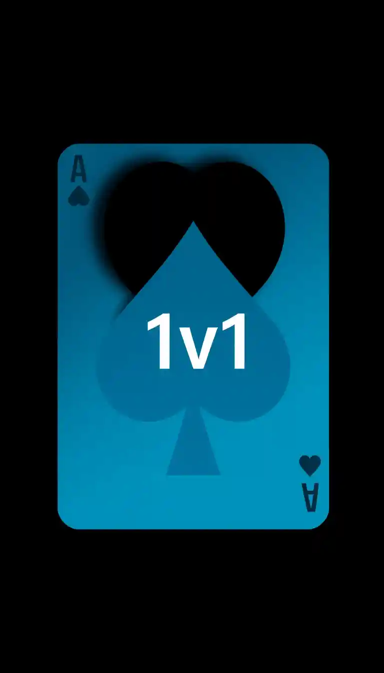 The image is a graphic design of a playing card with the blue aqua theme in the center. In the center it's written "1v1". The card is portrait in shape and has a plain black background. The overall design is modern and minimalistic. - Image