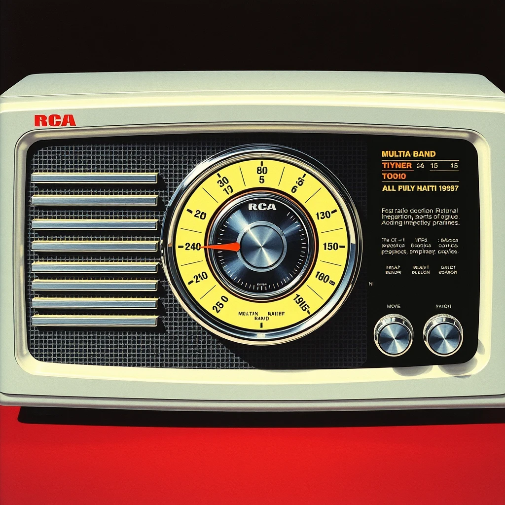 An RCA brand, multi-band radio concept, featuring a backlit tuning dial, as painted by Arthur Sarnoff.