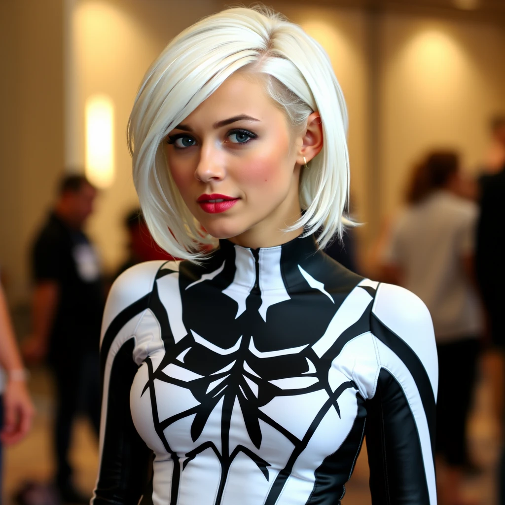 Photograph of a Gwen Stacy cosplay. The outfit is tight, white-black, with web patterns. Her white-blonde hair is a short undercut to her left side. The cosplayer is a young woman. She's blushing. - Image