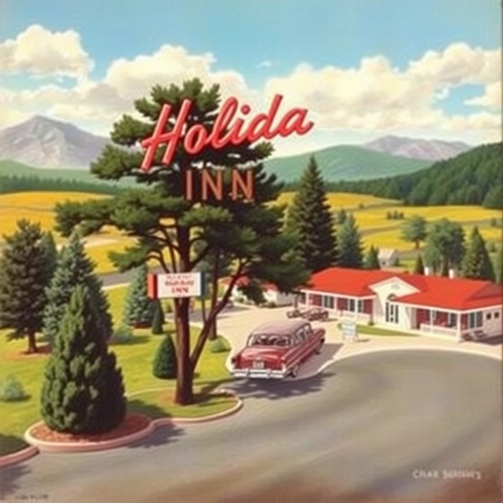 A Holiday Inn postcard from 1956, as painted by Arthur Sarnoff, wide, landscape view. - Image