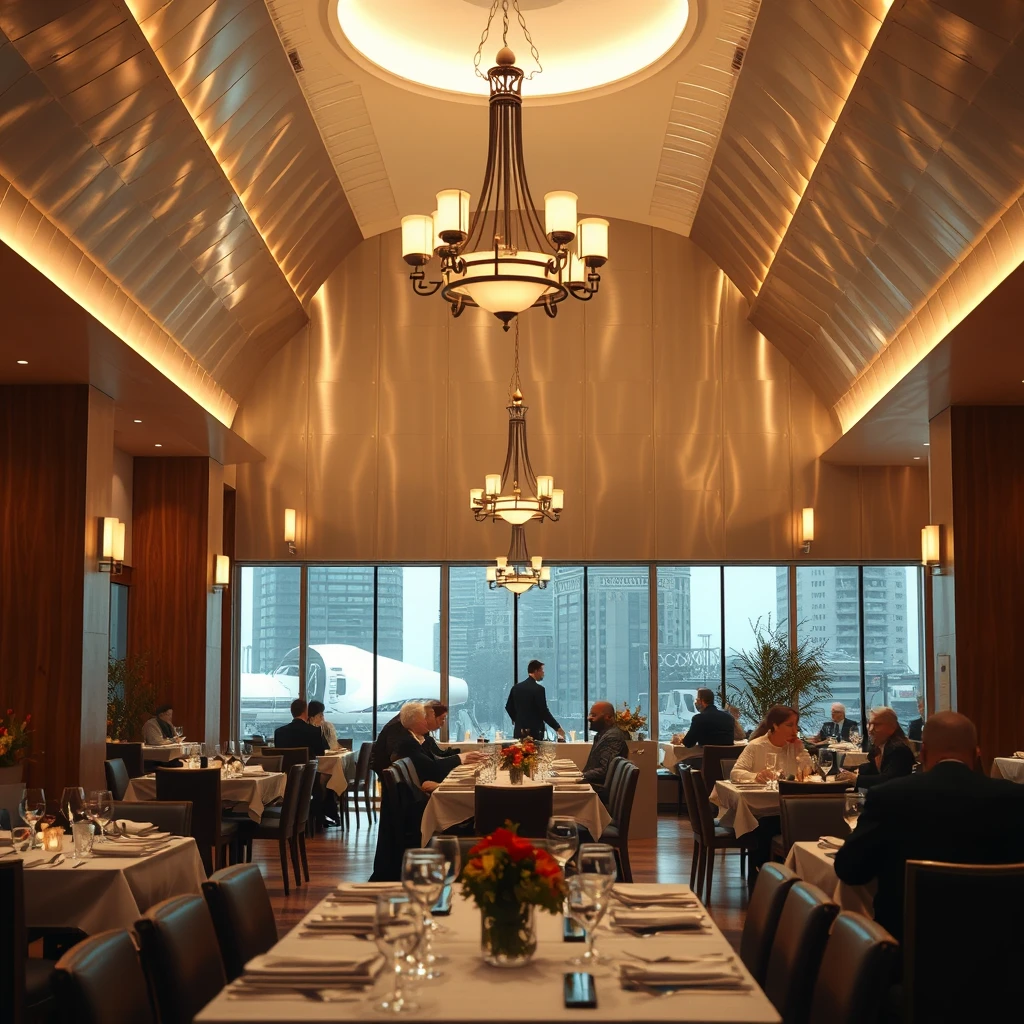 Interior, dining hall, modern, aluminum panel, movie scene. - Image