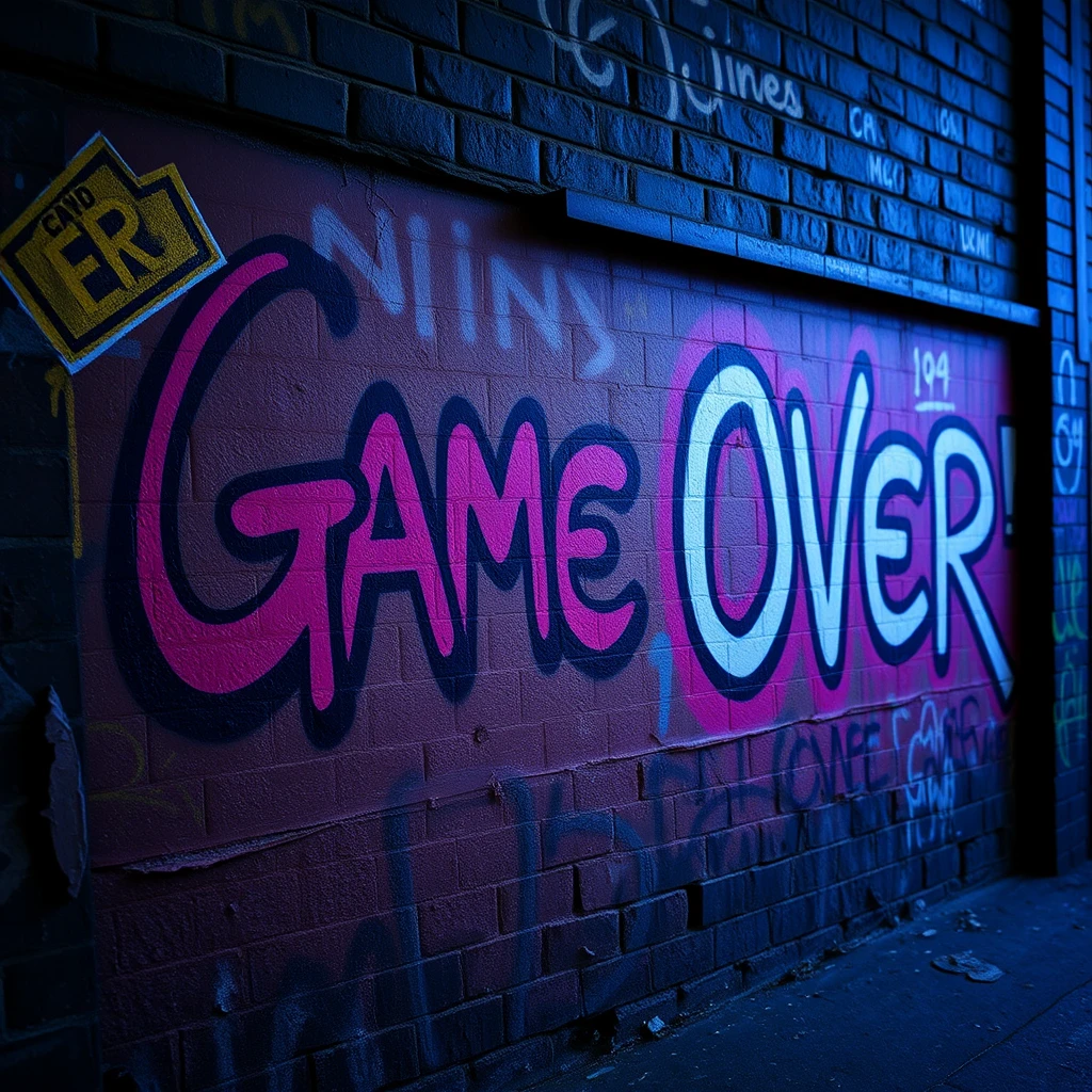 Photo of vibrant wall covered in dark graffiti "Game Over". Probably taken in the 1920s. - Image