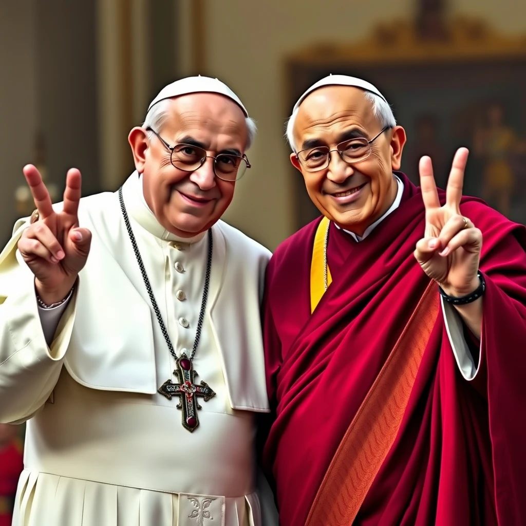 'The Dalai Lama and the Pope stand next to each other and display the peace sign. Photorealistic, colorful, high resolution.' - Image