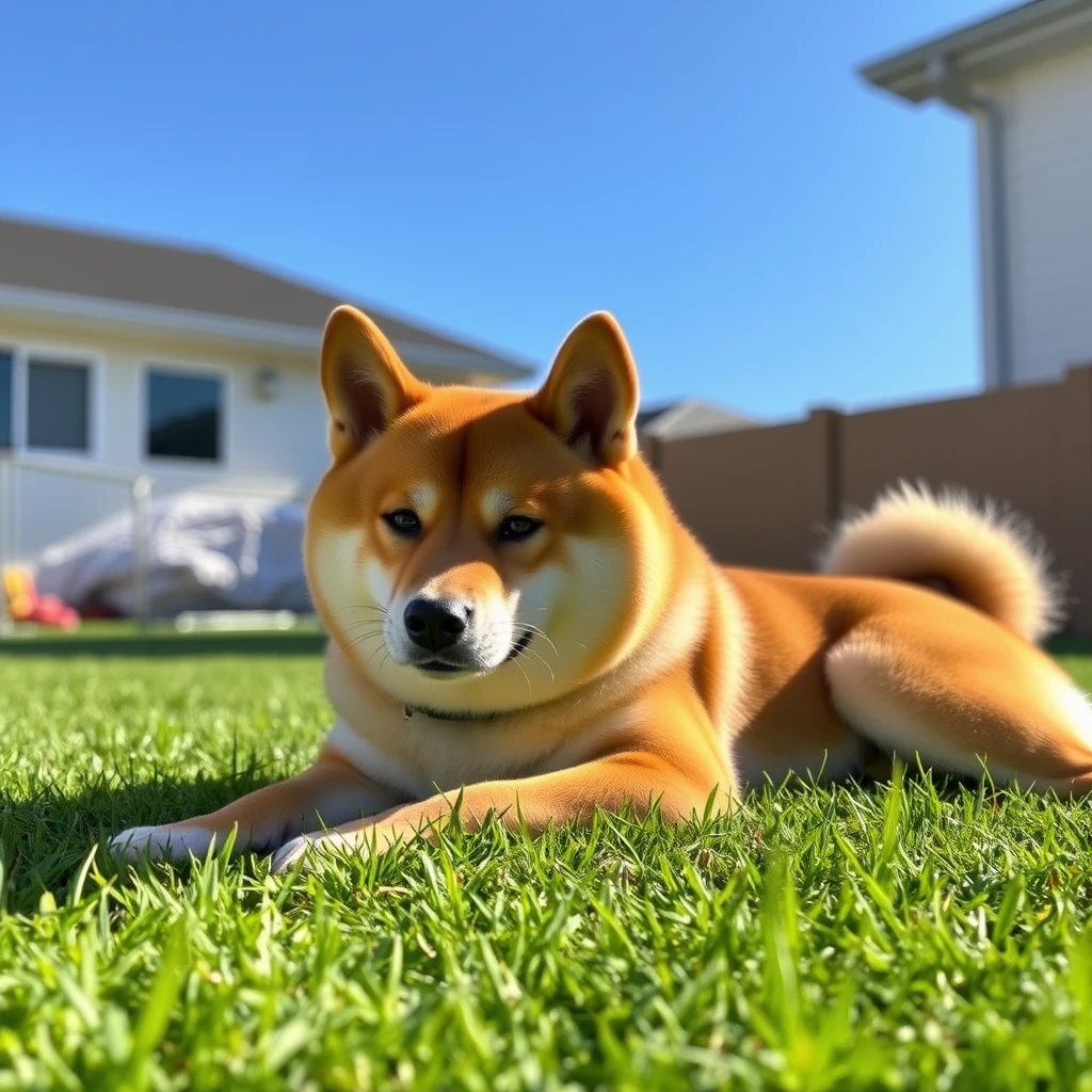 Shiba Inu lying in the sun on the lawn.