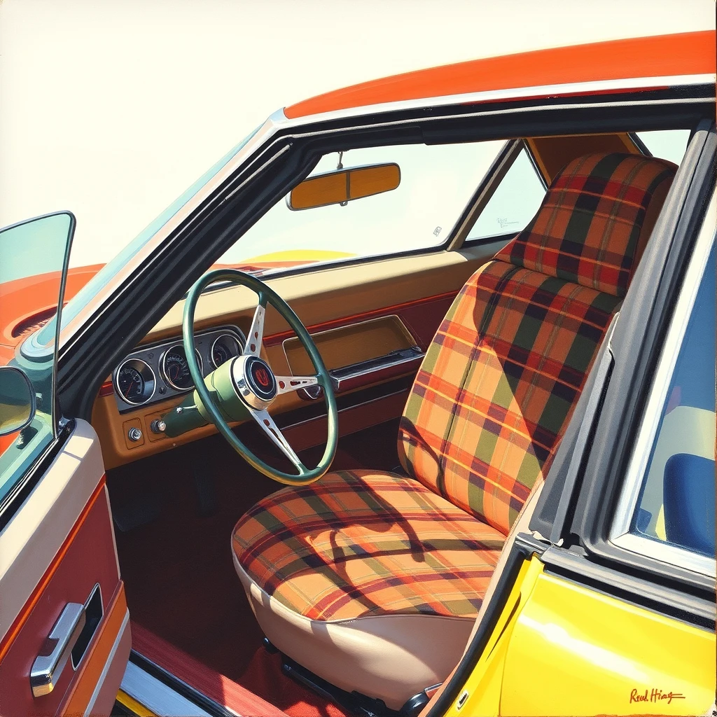 a Pontiac Fiero with a plaid cloth interior, as painted by Arthur Sarnoff.