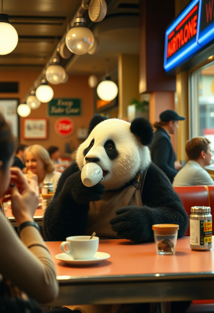 Panda at a busy 1950's diner drinking tea, waitress, highly detailed, photorealistic, 35mm lens. - Image