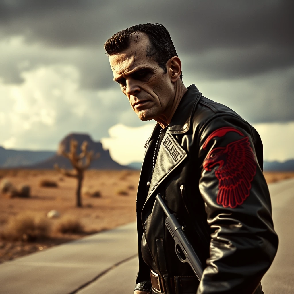 Boris Karloff as Frankenstein the Hells Angels biker walks down the sidewalk, dressed in leather, wearing a Colt .45 pistol, a storm is coming across the desert, photo-realistic, leering, aggressive, 4k. - Image