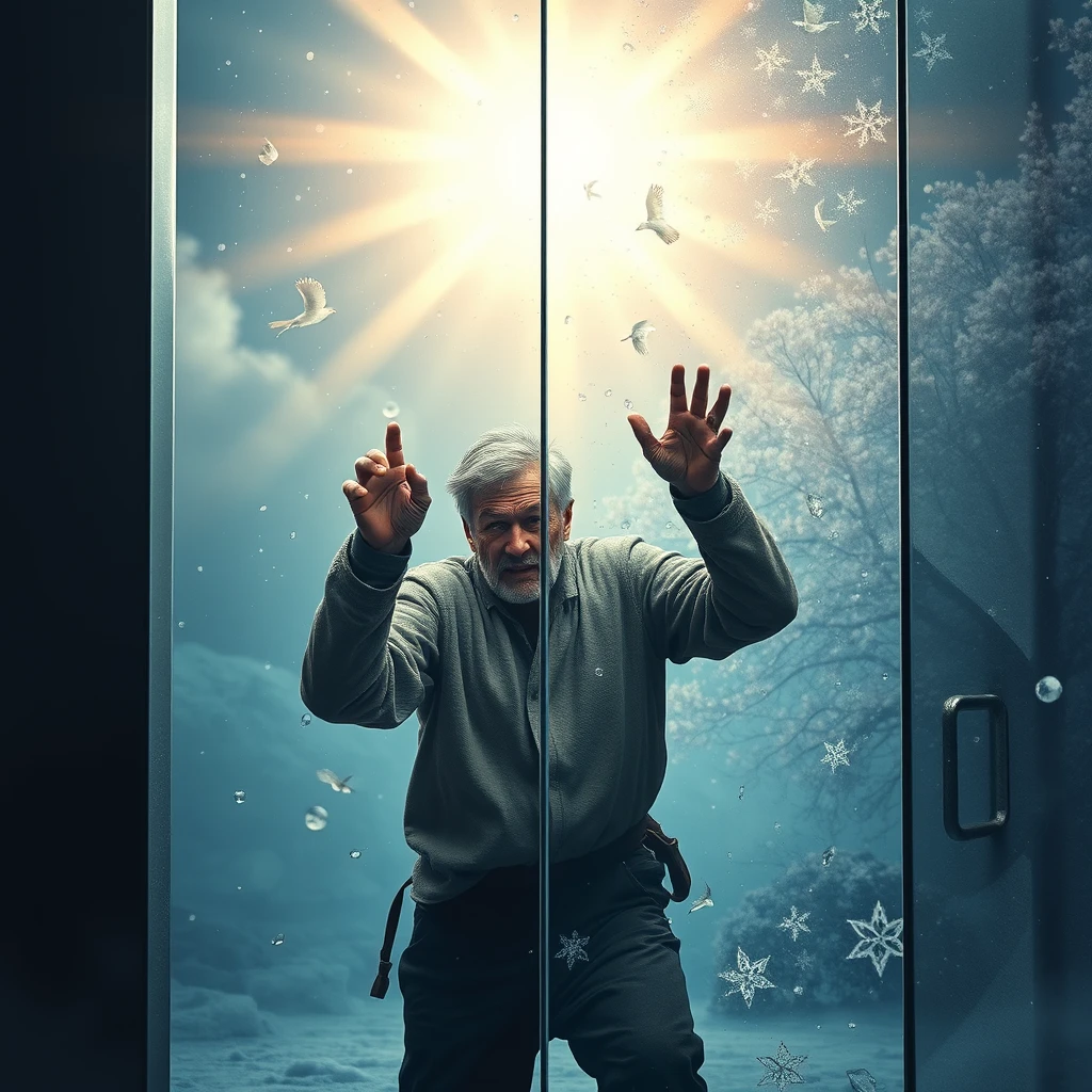 A huge transparent glass divides the image into two halves. The lower half of the image depicts a dim, icy world with snow everywhere. A middle-aged man, wearing thin clothes, looking haggard and exhausted, with deep-set eyes, stands in front of a gigantic transparent wall, pounding on the glass with all his might. The upper half of the image shows a vibrant, sunny world filled with the sounds of birds and the fragrance of flowers. The image aims to be as grand as possible, reflecting the man's pursuit of light, but portraying his desperate futility. - Image