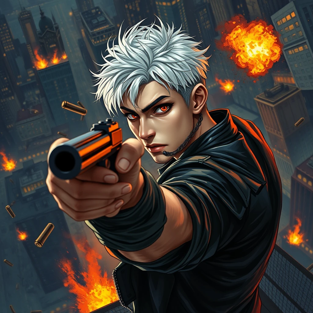 A young adult male with a gun aimed at the camera, short white hair, red eyes, black leather jacket, muscular figure, playful gaze, city night scene, high altitude, flames, explosions, black series, scattered bullet shells, iron chains, messy hair, character facing the camera, upper body, movie level lighting, thick painting style, ultimate color application, oil painting texture, Van Gogh style, Impressionist style, delicate brushstrokes, unclear line drawings, brilliant colors, soft light and shadow, 2.5D, Van Gogh's work, illustration, painting, paintbrush.