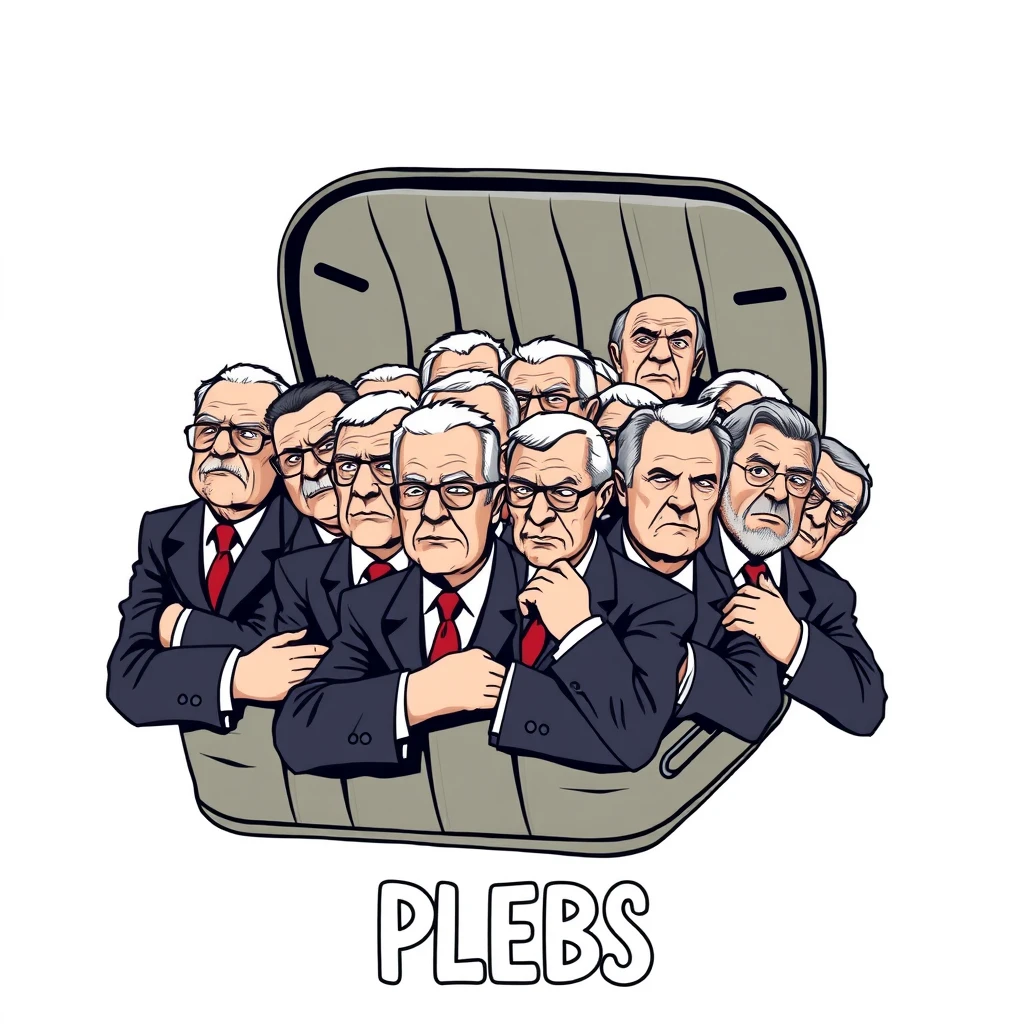 A playful t-shirt design of an open sardine can full of live rich old men packed shoulder to shoulder in business suits with scowls on their faces with the text "PLEBS" underneath as a t-shirt design.