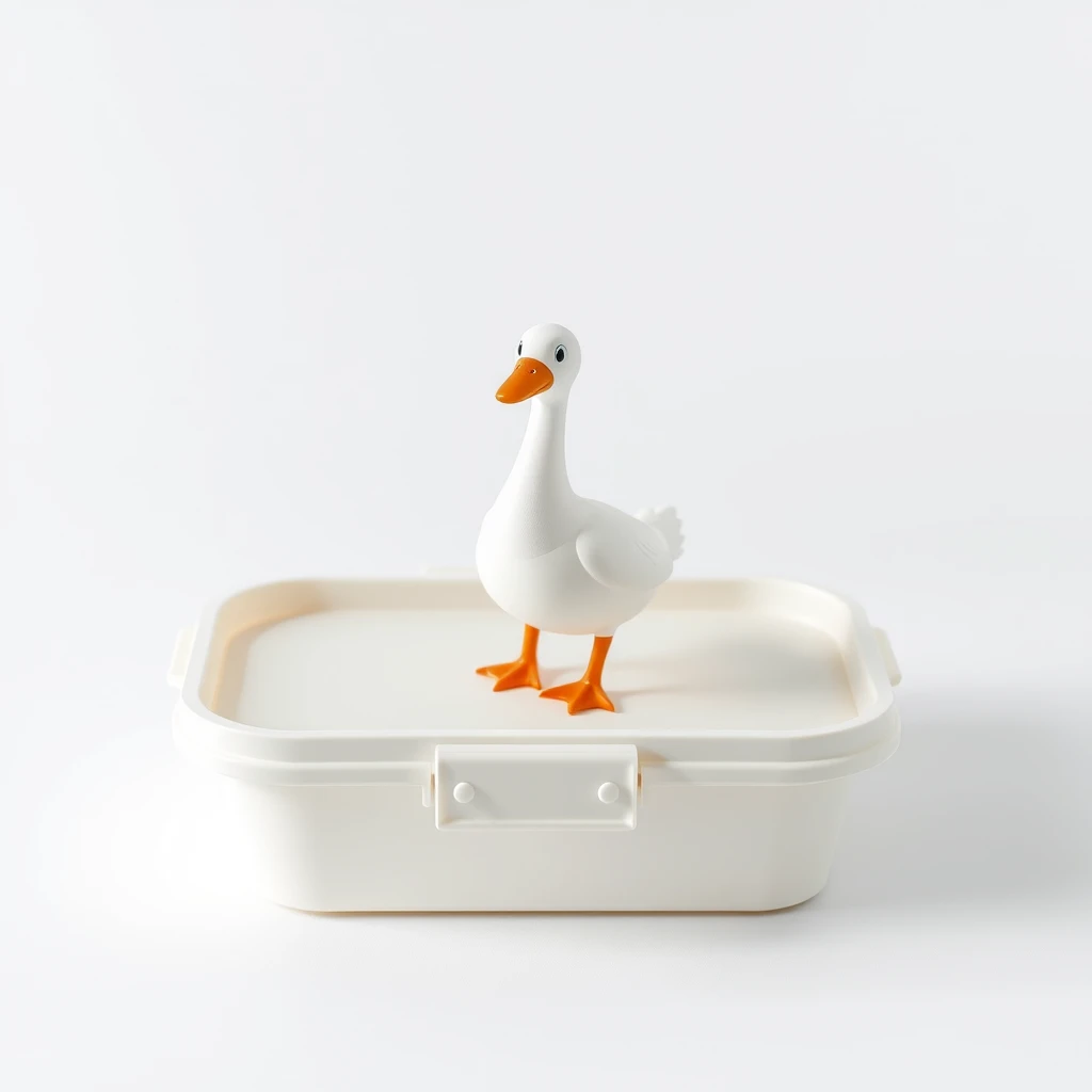 an anime goose action figure on the white plastic lunch box, light color plastic, white background, top view, product design, smooth surface, child-friendly, best quality, professional rendering, professional lighting - Image