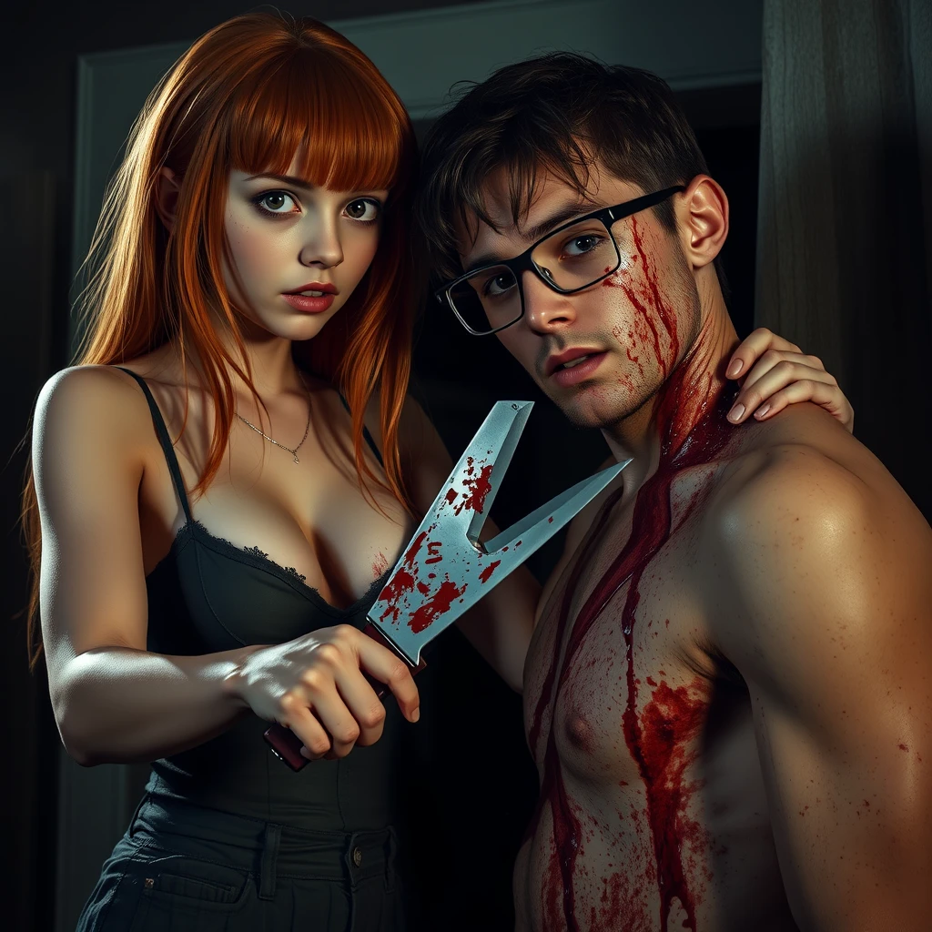 A horror scene; a short, skinny teenage girl with long ginger hair and bangs, green eyes, and big breasts is cutting a tall young Italian white guy who wears glasses and is covered in blood with a knife.