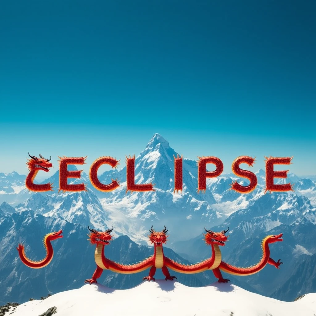 Subject: Nine Chinese dragons forming the word "Eclipse" against a backdrop of towering mountain peaks and a vibrant blue sky.  
Environment: Majestic, towering mountain peaks pierce the sky, their snow-capped summits reaching towards the heavens. The mountains are rendered in detail, showcasing their rugged textures and imposing presence. The sky above is a vibrant, clear blue, stretching endlessly towards the horizon.  
Dragons: Nine distinct Chinese dragons, each rendered in vibrant colors and intricate detail, are arranged in a formation that spells out the word "ECLIPSE." Their serpentine bodies twist and turn, their scales shimmering in the sunlight. Each dragon possesses a unique pose and expression, showcasing their individual personalities. Their long, flowing whiskers and sharp claws add to their majestic appearance.  
Composition: The dragons are positioned in the mid-ground, with the towering mountain peaks providing a dramatic backdrop. The word "ECLIPSE" is clearly legible, formed by the dragons' bodies.  
Perspective: The scene is viewed from a high vantage point, as if the viewer is looking out from a neighboring peak or soaring through the air. This perspective emphasizes the grandeur of the mountains and the impressive scale of the dragons.  
Lighting: Bright, natural sunlight illuminates the scene, casting dramatic shadows on the mountain slopes and highlighting the vibrant colors of the dragons.  
Color Palette: A vibrant and contrasting palette, with the deep blues of the sky, the white snow of the mountain peaks, and the vibrant colors of the dragons, such as red, gold, green, and blue.  
Details: Pay close attention to the details of the dragons, including their scales, claws, whiskers, and expressions. The mountains should also be rendered with detail, showcasing their rocky textures and snow-capped peaks.  
Overall Style: A blend of fantasy and realism, capturing the mythical nature of the dragons and the awe-inspiring beauty of the mountain landscape. The scene should evoke a sense of wonder, power, and the majesty of nature.