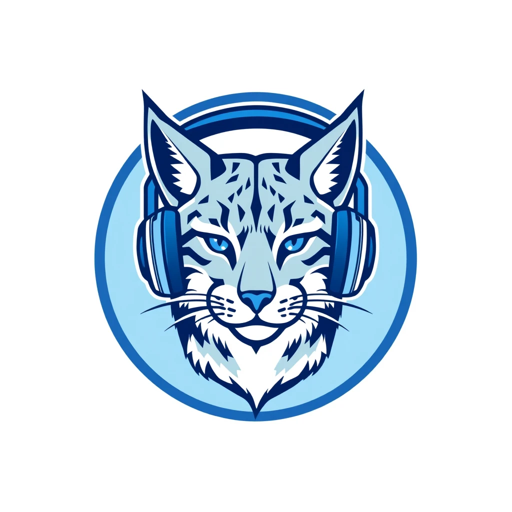 Logo of a lynx wearing headphones, blue theme, monochrome. - Image