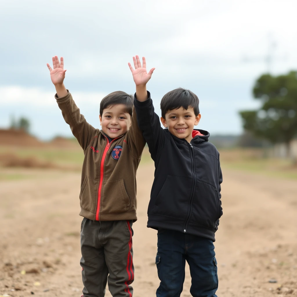 2 boys,hand up