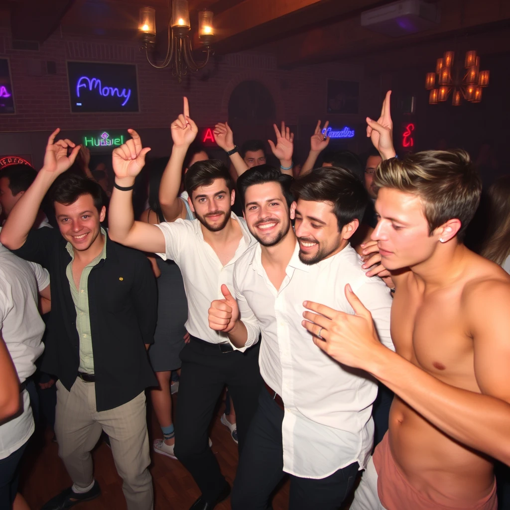 "A big group of handsome guys are dancing in the bar." - Image