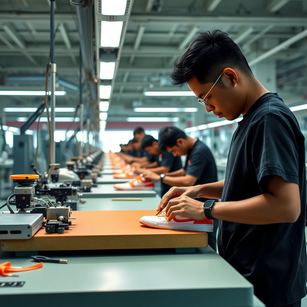 Cutting process in modern Nike shoe factory, the machine is very modern, all employees are from Indonesia.