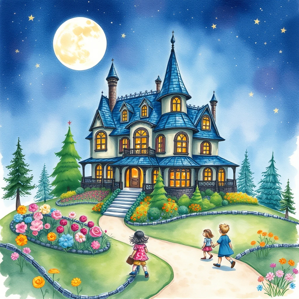 Watercolor painting of a magical house with many rooms on a starry night under a full moon, a beautiful garden in front of the house, and several children passing by and looking at the house.