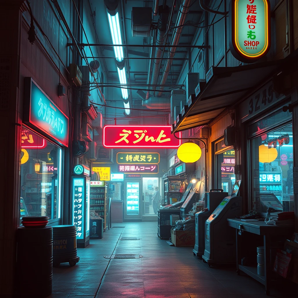 shop, bright ambient, nobody, cyberpunk,