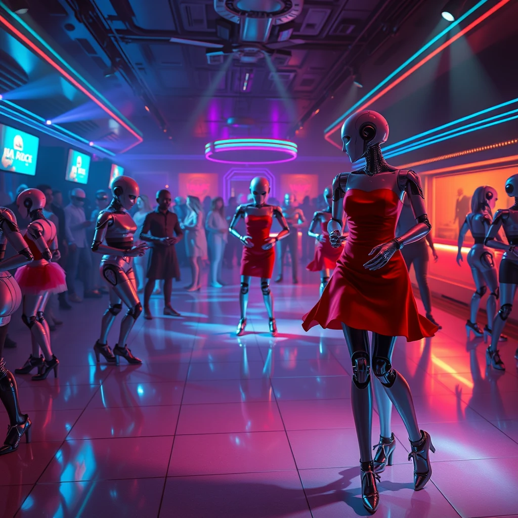 Night club dance floor, the night club is occupied exclusively by humanoid robots and androids, one robot wears a red dress.