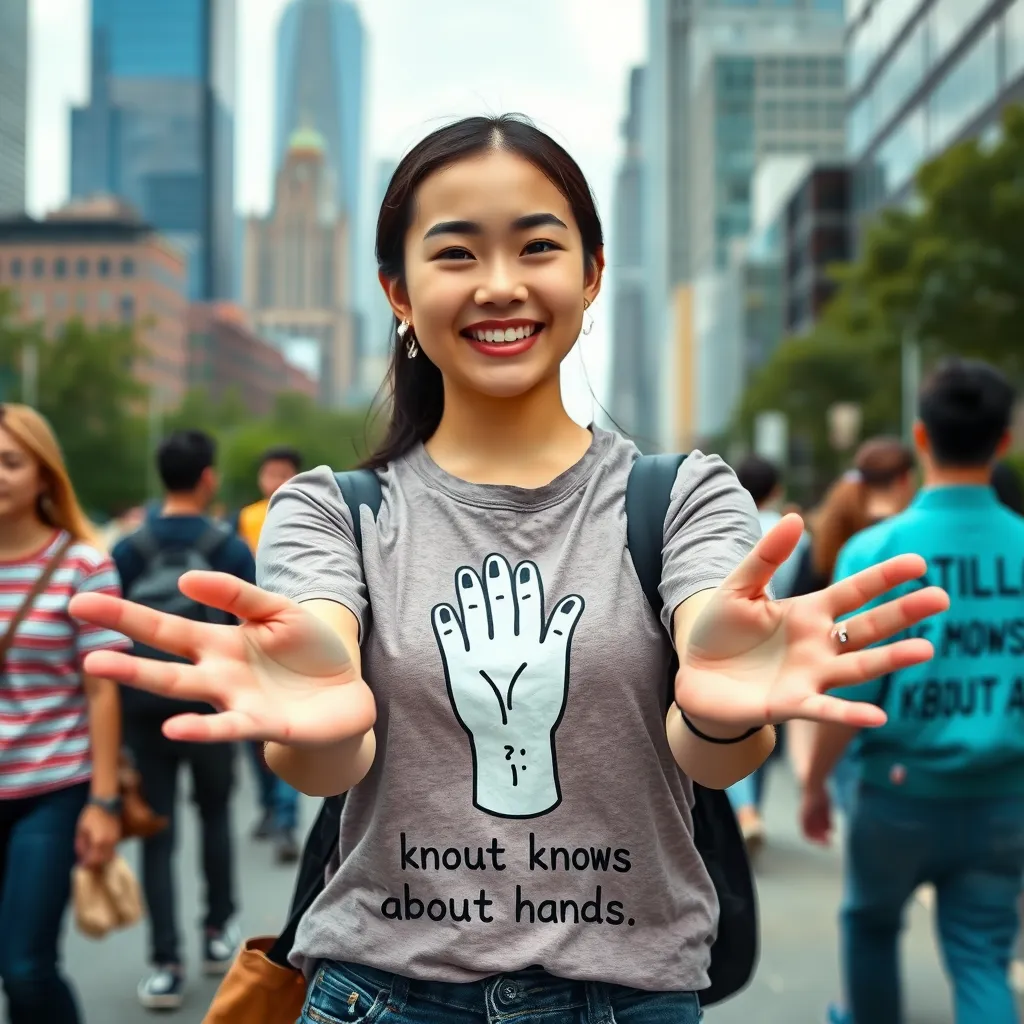 Young woman holding her hands out in front of her, her t-shirt has a drawing of a hand and the text "Flux knows about hands," she is smiling, random people are walking behind her, skyscrapers in the distance.