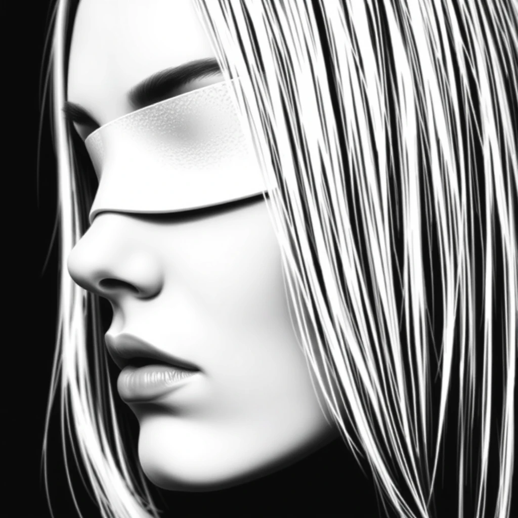 Blind Justice female face, side face, Straight hair, black and white color