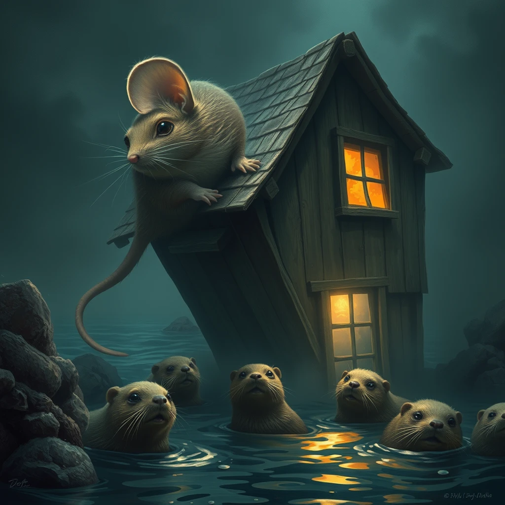 Realistic style: A giant computer mouse topples a house, startling the sea otters within.