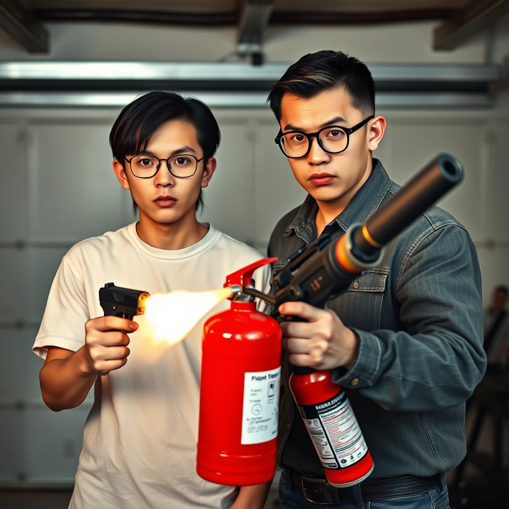 21-year-old white thin long-faced young northern Chinese man with a square chin, wearing square glasses, holding a pistol, "medium/long length hair"; 21-year-old white Italian/Caucasian man wearing round glasses and short hair, holding a very large fire extinguisher flamethrower; garage setting; both angry.