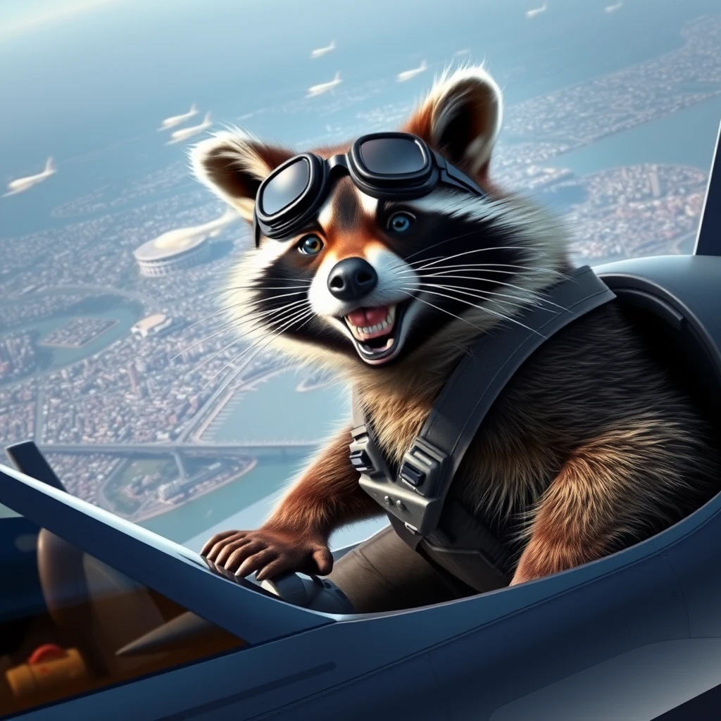 A high quality, photorealistic image of a happy anthropomorphized raccoon wearing aviator goggles piloting an F-35 Raptor fighter jet over San Francisco.