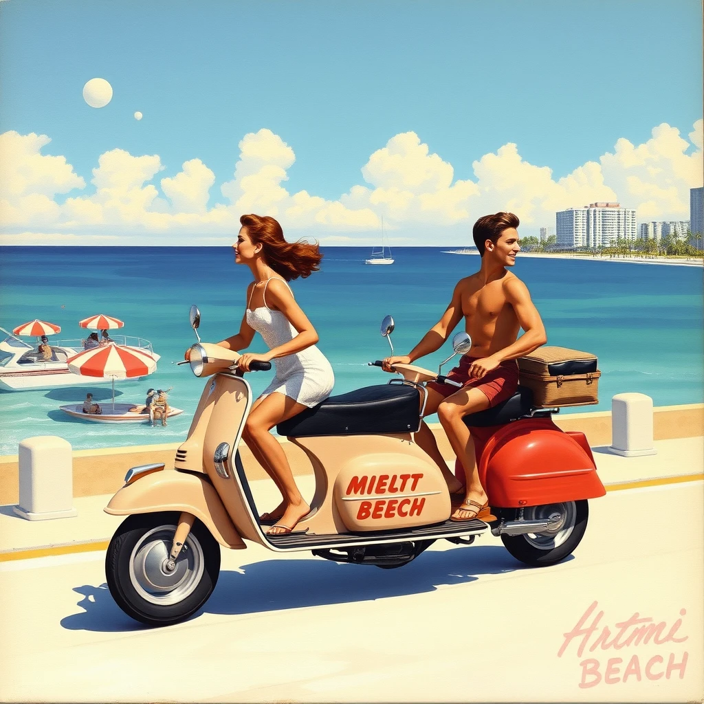 A Miami Beach postcard featuring a couple riding two scooters side by side, from 1956, as painted by Arthur Sarnoff, wide, landscape view.