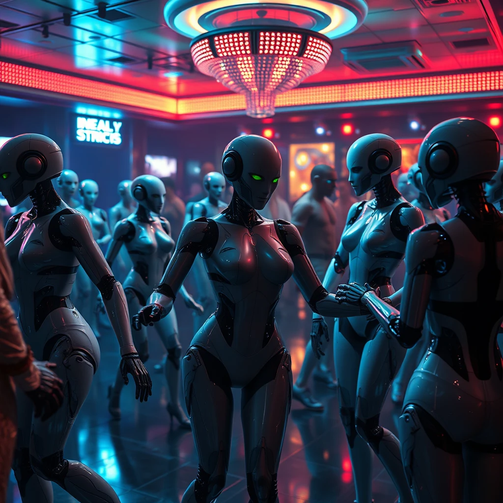 Night club dance floor, the night club is occupied exclusively by sexy humanoid robots and androids, close up of dancing. - Image