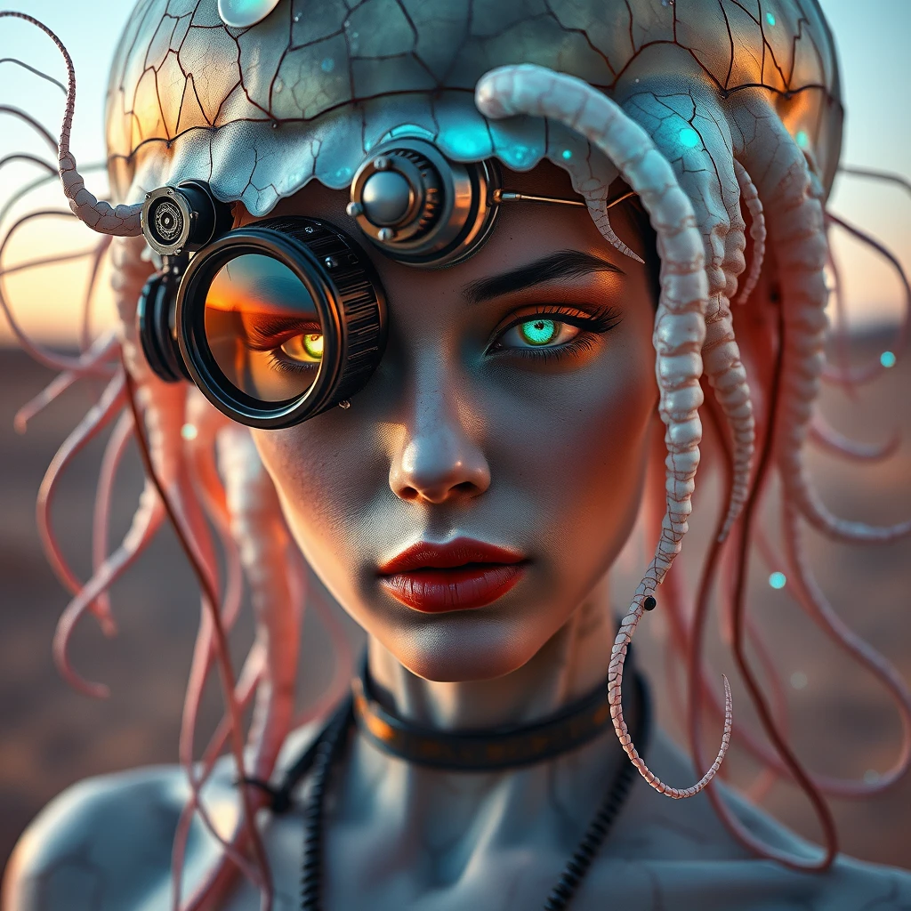 An ethereal cyborg woman adorned with a bioluminescent jellyfish headdress. Steampunk goggles seamlessly integrate with translucent tentacles. Cracked porcelain skin meets iridescent scales. Mechanical implants intertwine with delicate tendrils. Human features glow with an otherworldly luminescence. Dreamy aquatic hues contrast with weathered metal. Reflective eyes capture unseen worlds. Soft bioluminescence meets the harsh backdrop of a desert. A fusion of organic and synthetic, ancient and futuristic elements. Hyper-detailed textures create a surreal atmosphere. - Image