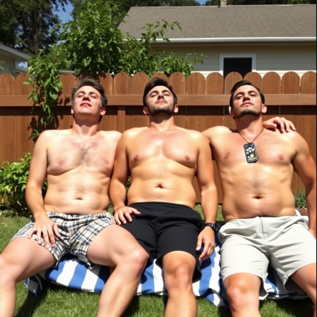 3 men tanning in the backyard.